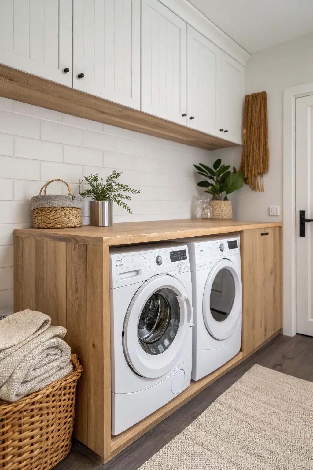 A light-oak folding counter turns side-by-side machines into a calm, built-in laundry zone.