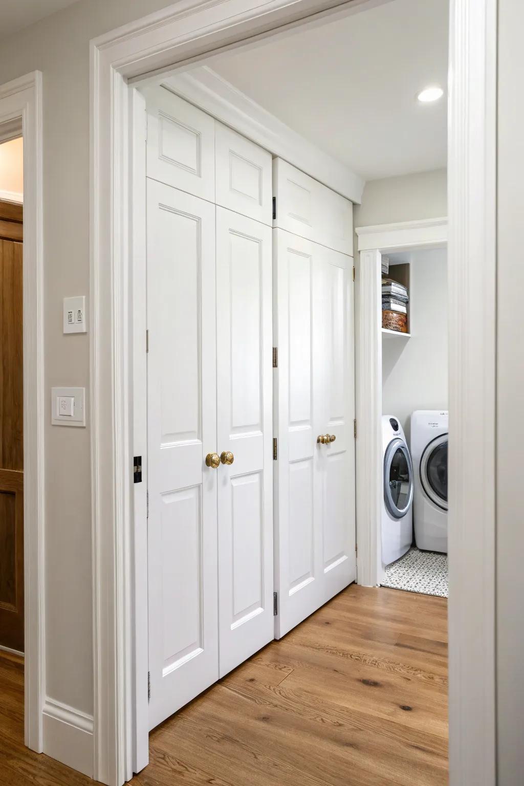 Classic white bi-fold doors: a space-saving way to hide a stacked laundry nook in style.