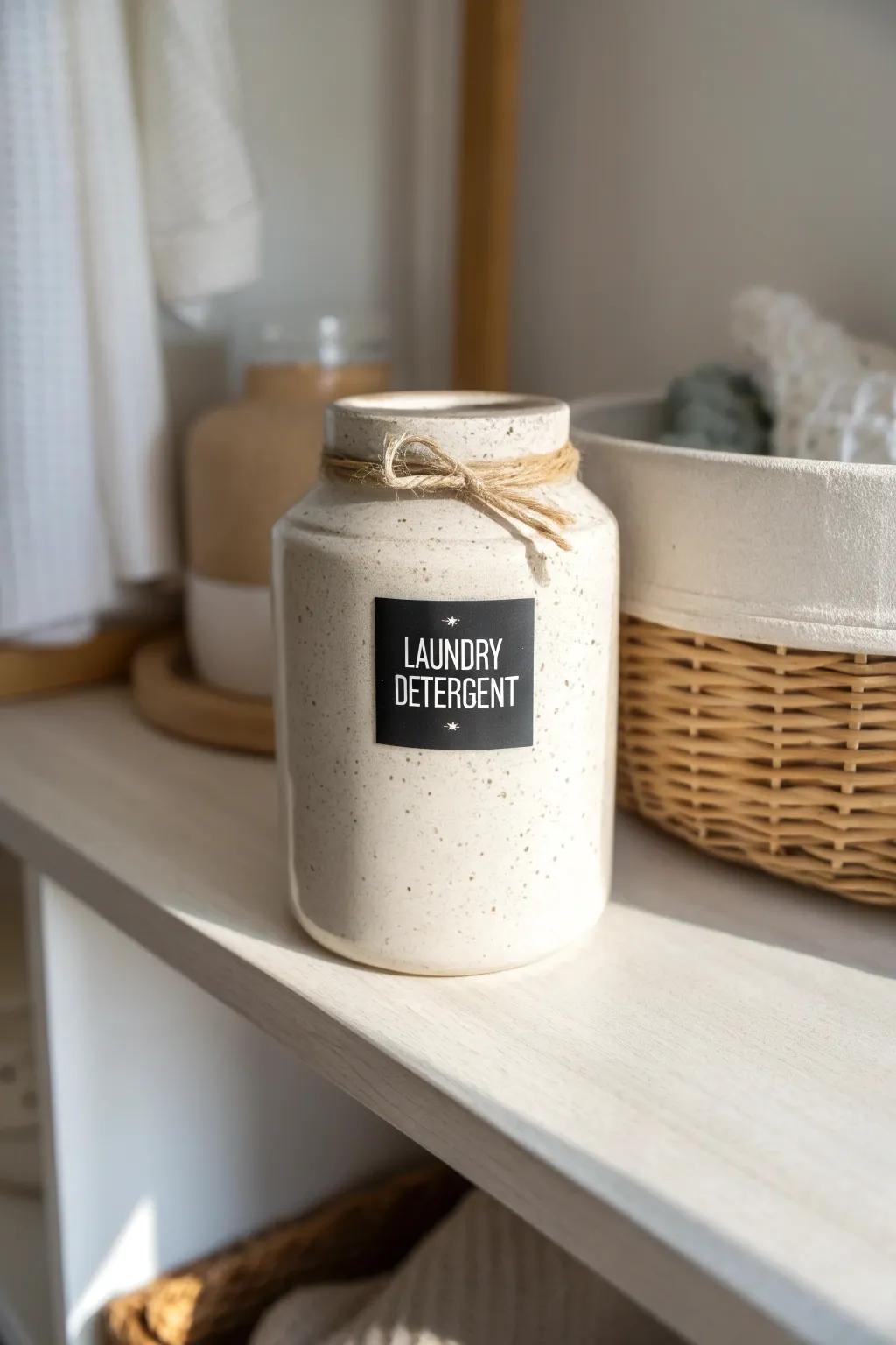 Decant detergent into a matching labeled jar for calm, clutter-free laundry shelves.