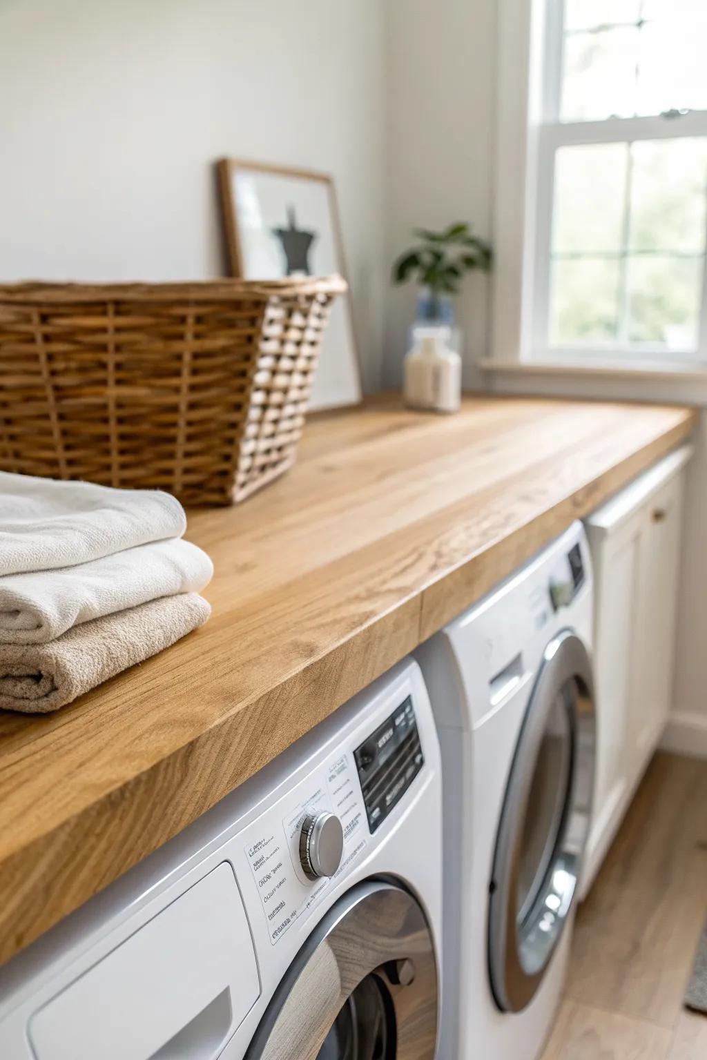 A slim oak countertop over front-loaders creates a chic, space-saving folding station.
