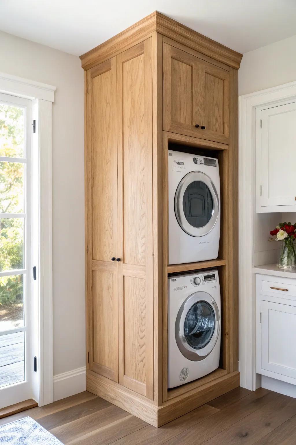 Make a stacked washer dryer look built-in with a tight, light-oak cabinet surround.