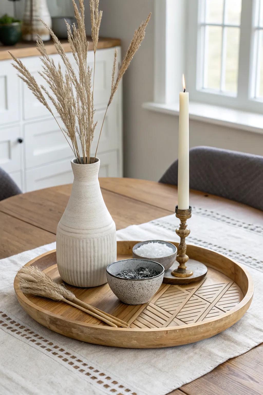 A rule-of-three lazy susan centerpiece: vase, candle, bowl—pretty and practical in small spaces.