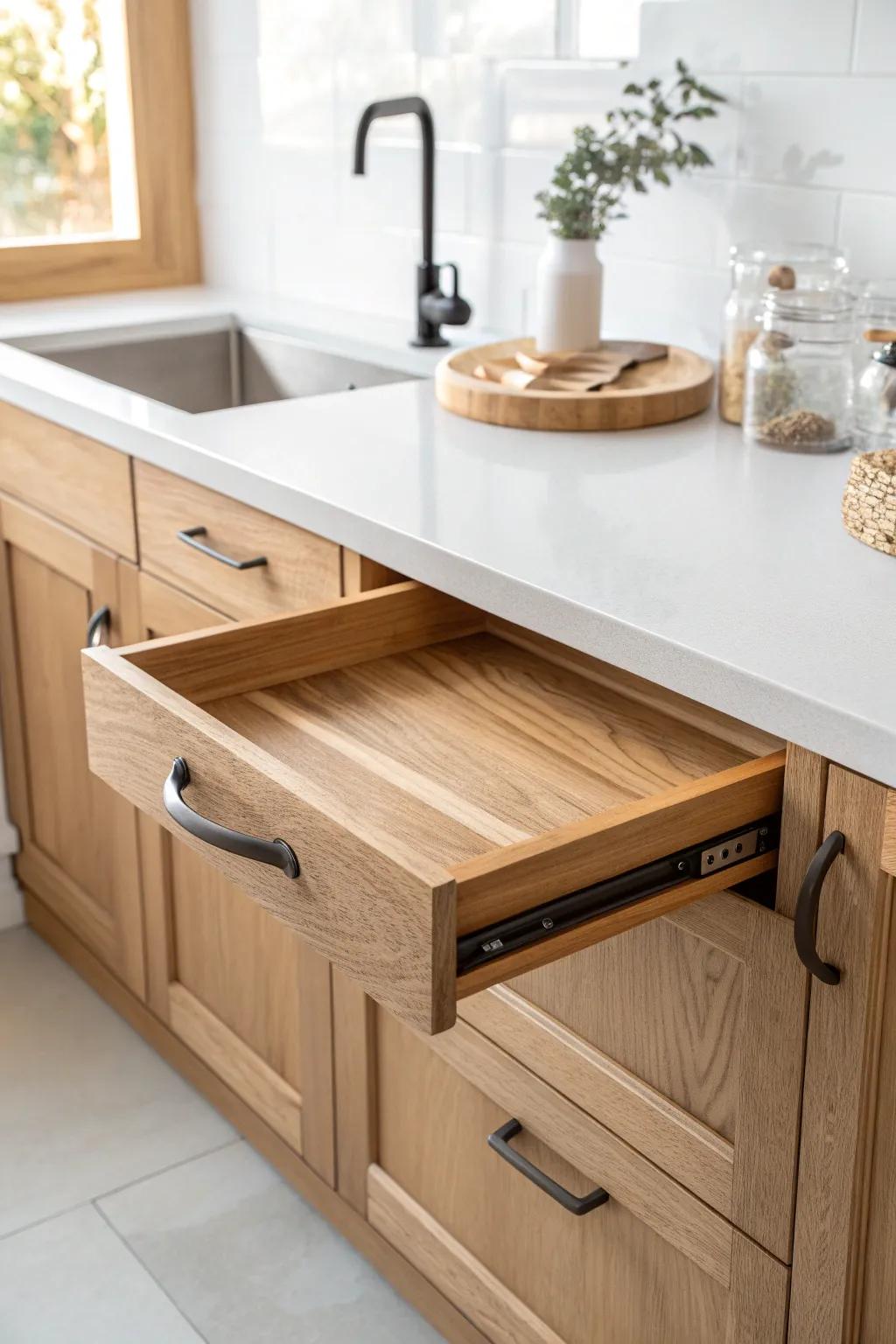 A sleek pull-out tray shelf that brings corner-cabinet essentials right to your fingertips.