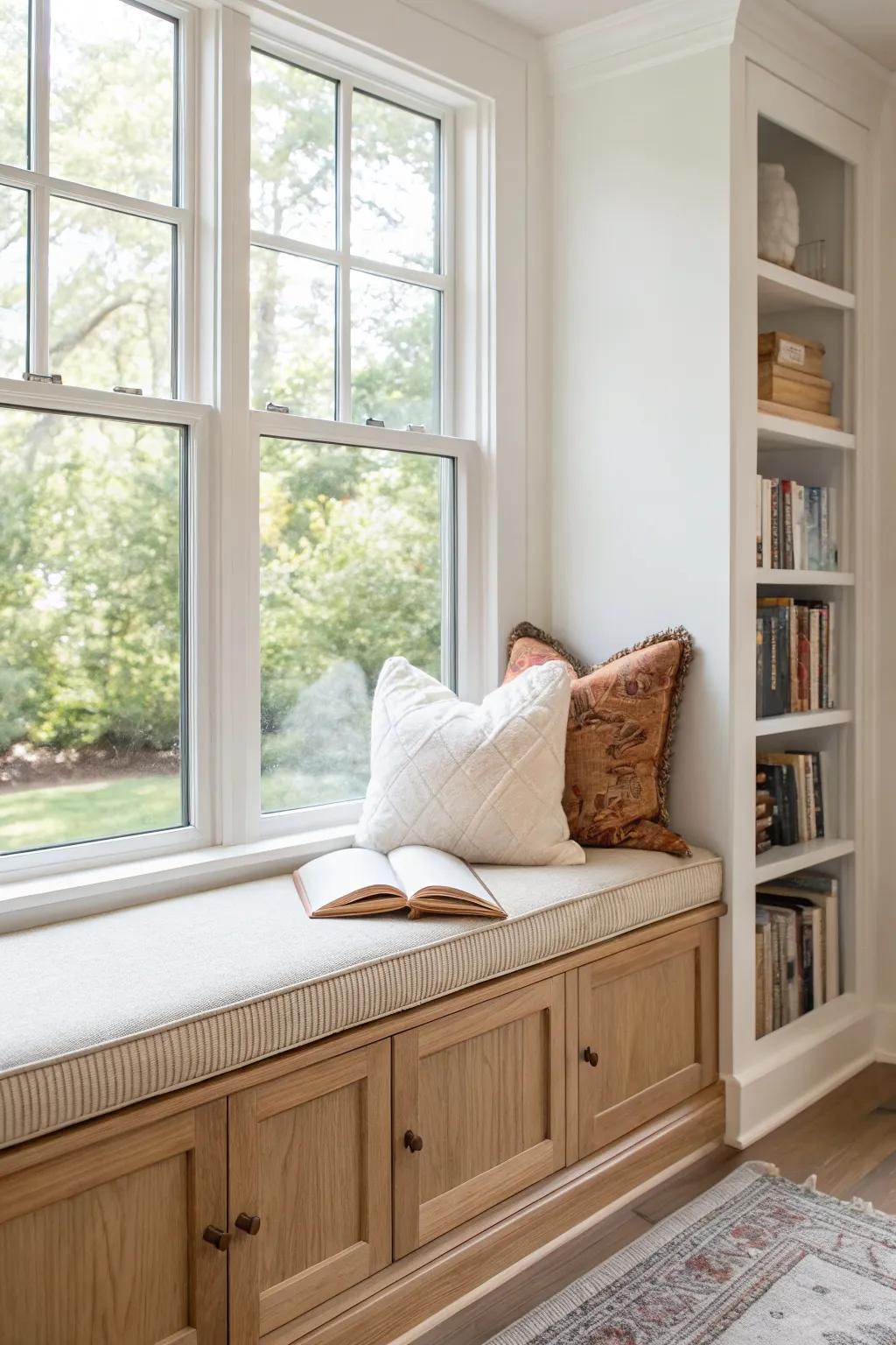 A classic window seat, plush cushion, and soft light—an instant mini library nook for small spaces.