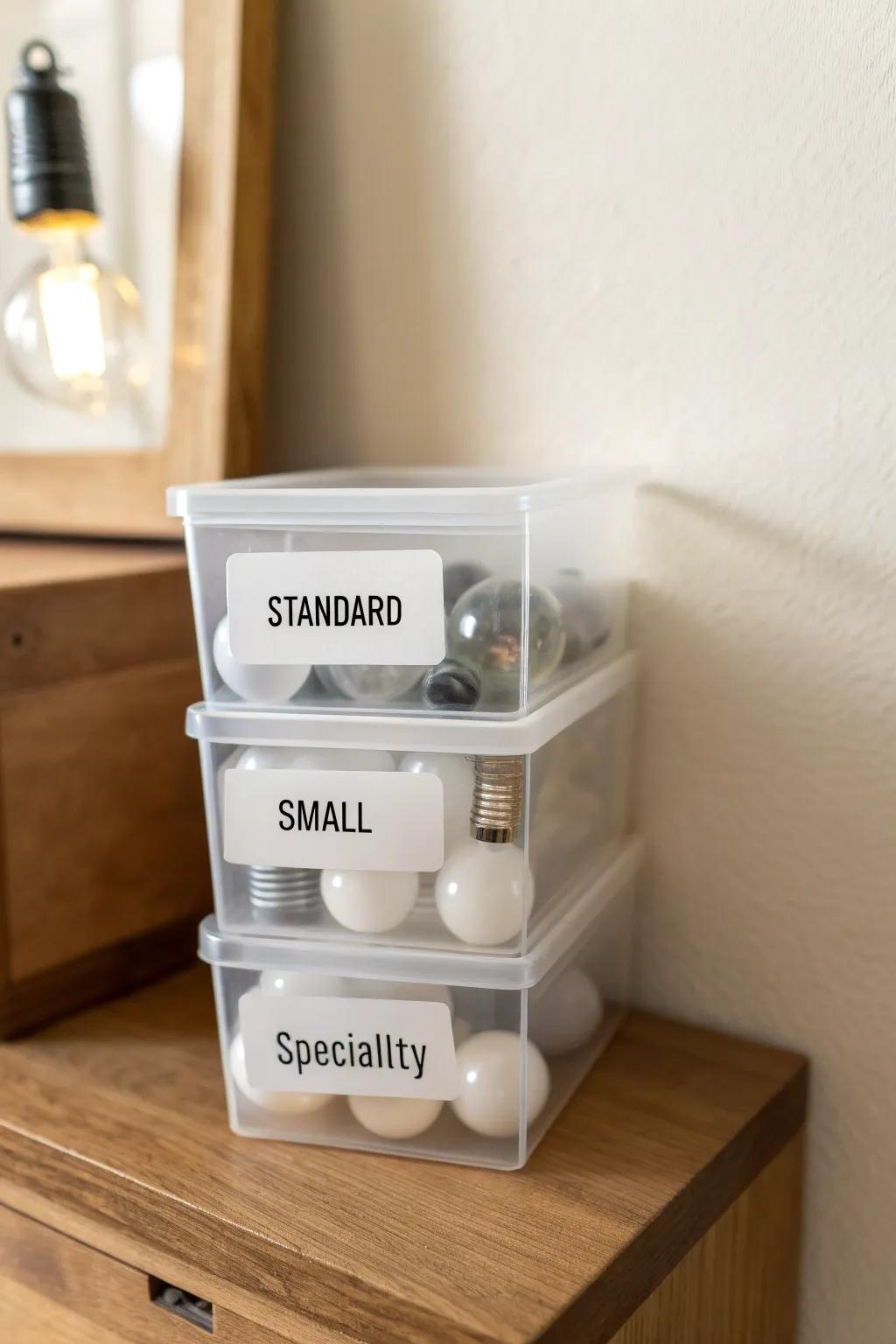 Clear labeled bin keeps bulbs sorted—Standard, Small, Specialty—no late-night guessing.