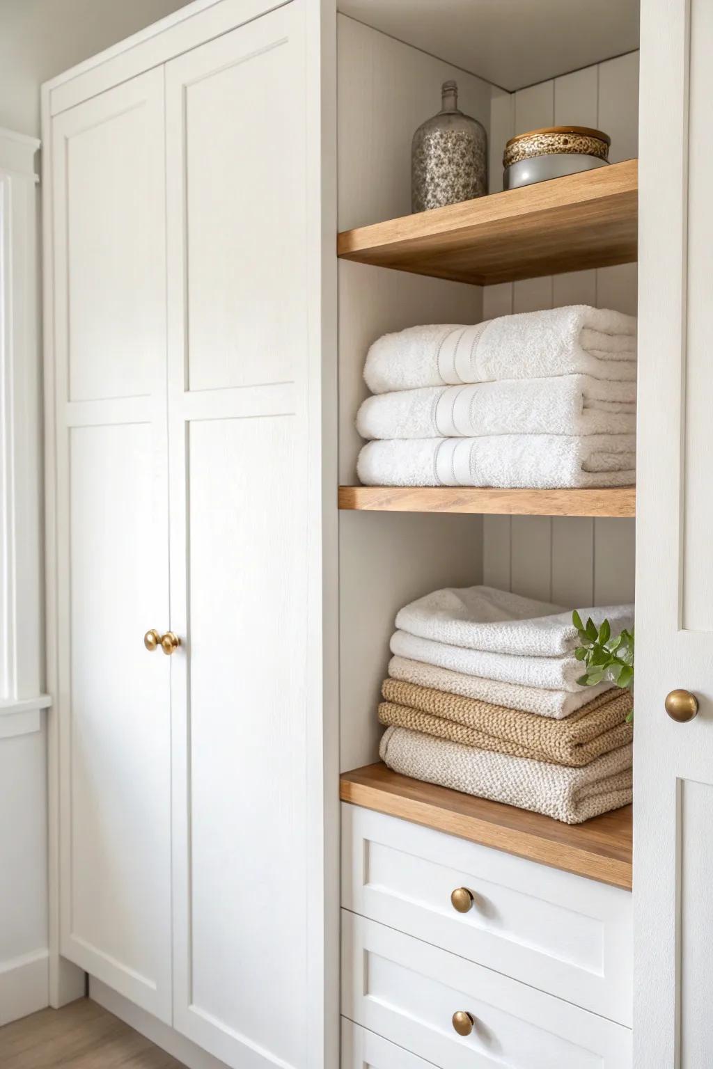 Adjustable shelves let towels, sheets, and paper goods fit perfectly—no toppled stacks.