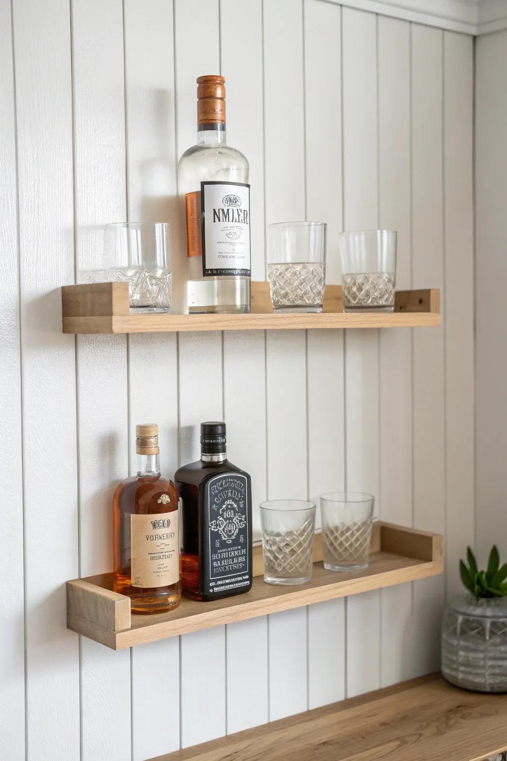 Two airy oak floating shelves create a chic small-space liquor zone—tall bottles up top.