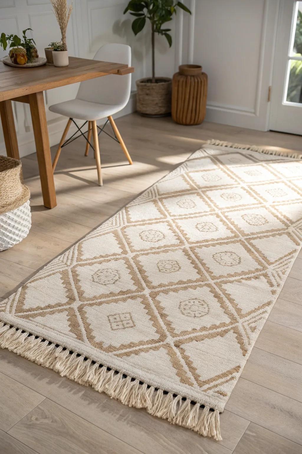 Define living vs dining instantly: one statement area rug creates a clean, intentional zone.
