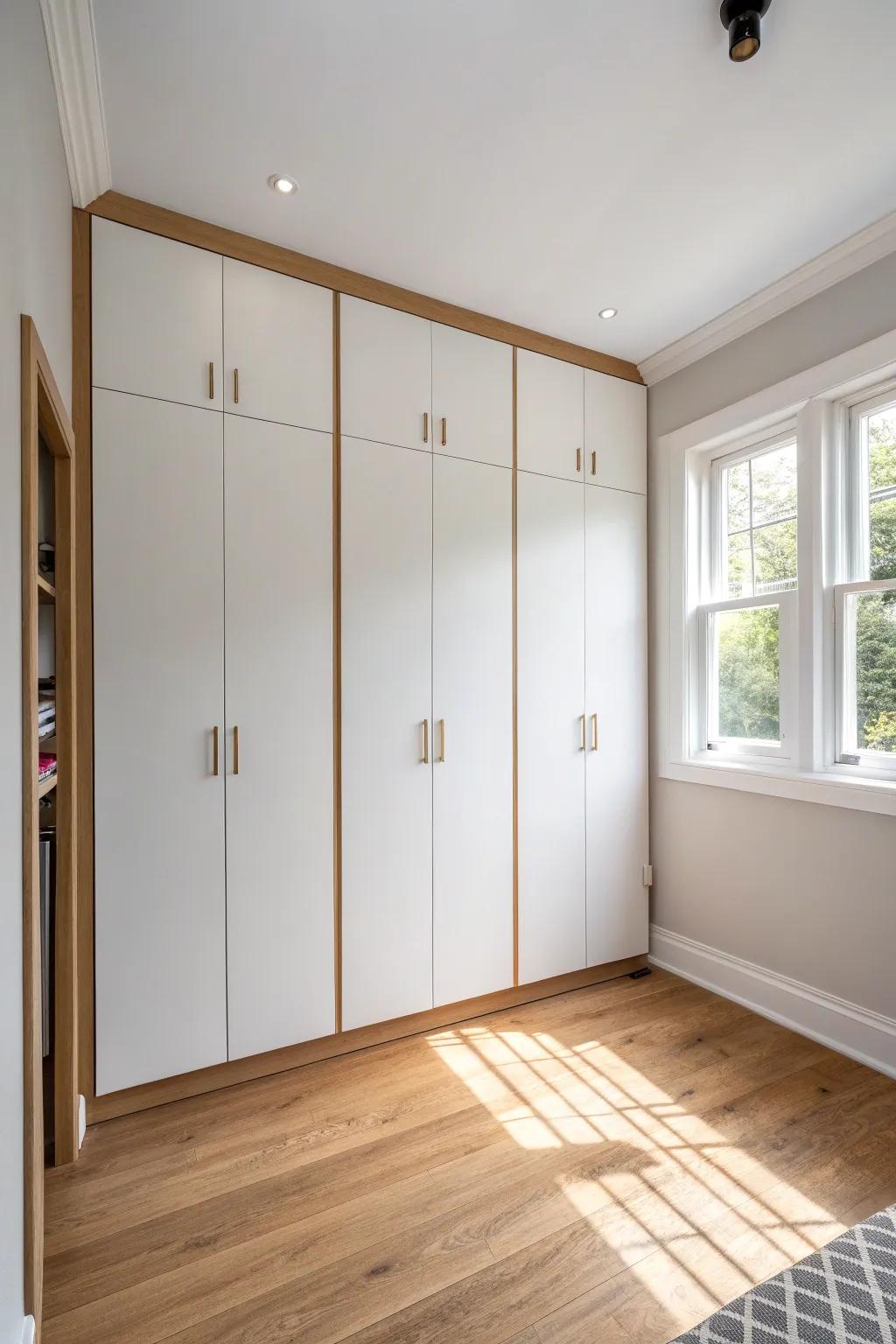 A seamless floor-to-ceiling closet wall that hides clutter and makes a small living room feel serene.