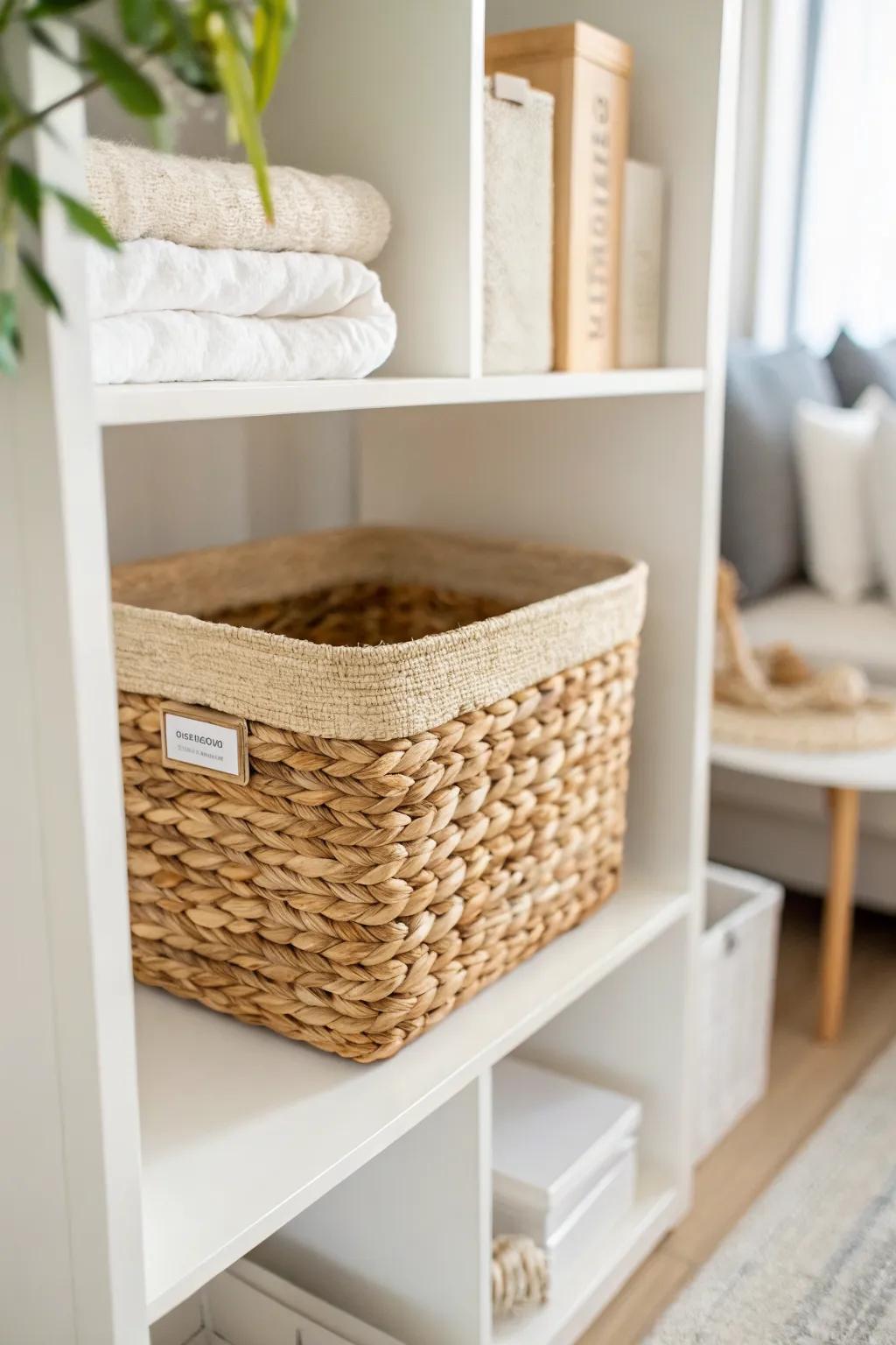 Matching woven bins instantly calm cube storage—leave one cube open for a styled look.