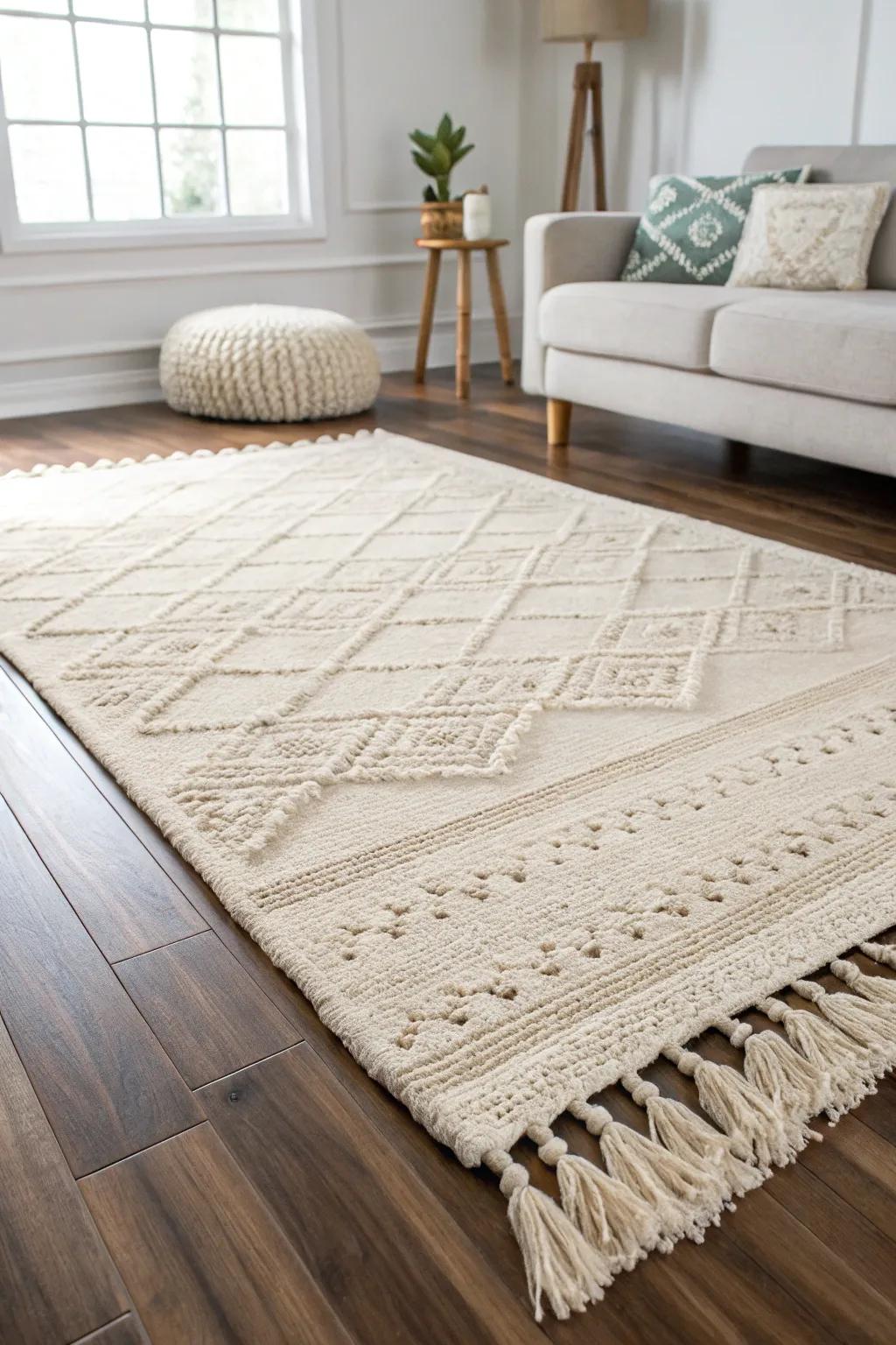 One oversized rug instantly zones your lounge—and doubles as a chic workout mat base.