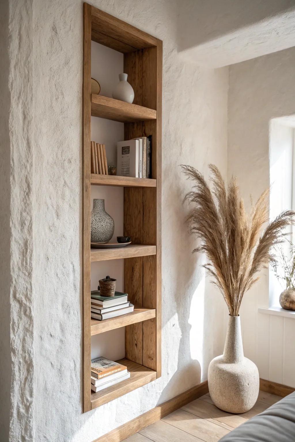 Recessed built-in shelves that turn a living room niche into a curated, clutter-free moment.