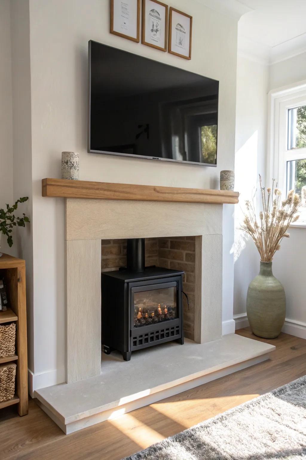 Center the TV and keep it proportional to the fireplace opening for a polished small-space look.
