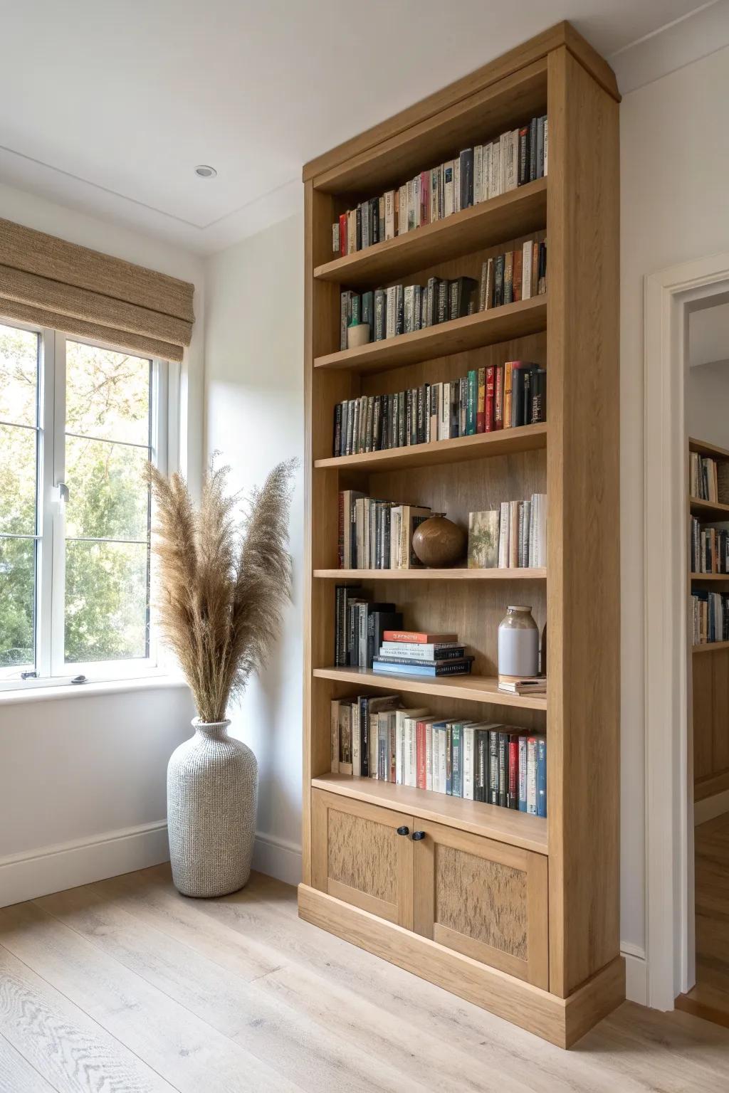Floor-to-ceiling shelves make one wall feel taller—heavy books low, light styling up high.