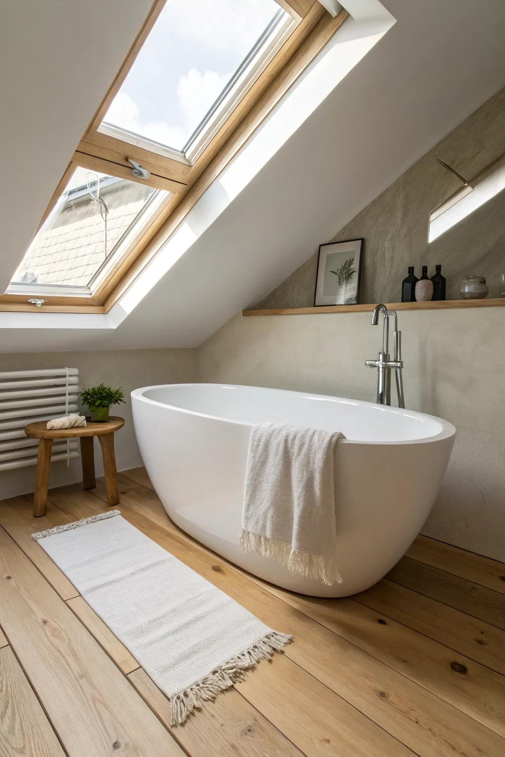 A freestanding tub tucked under the eaves—perfect loft-bath layout for a calm, spa-like small space.