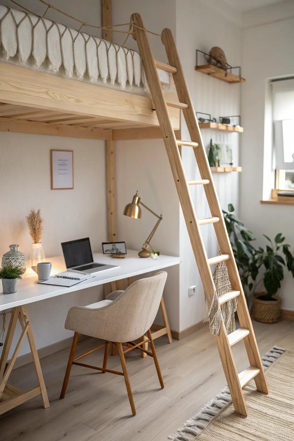 A loft bed ladder with warm oak + boho detail—hinting at a calm desk-under work zone.