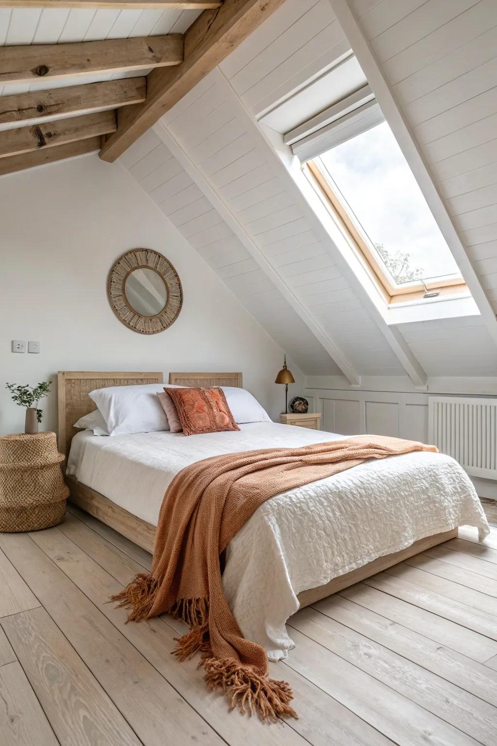 Place a low-profile bed under the slope to keep headroom open and make the loft feel larger.