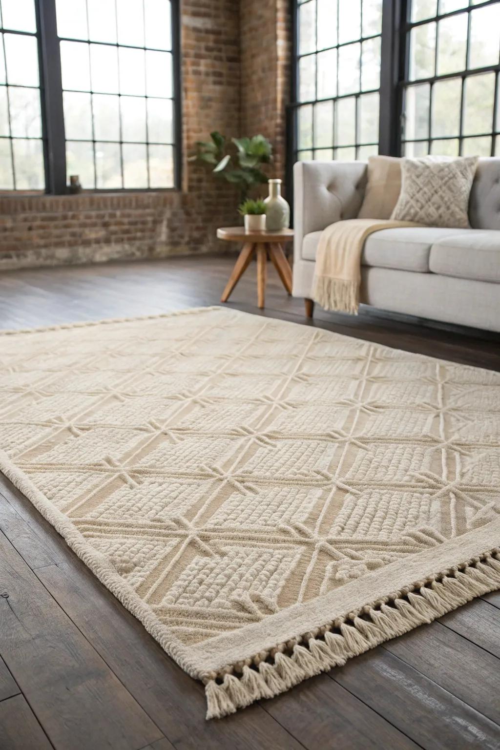 An oversized neutral rug zones a loft living area, adding warmth, texture, and intention.