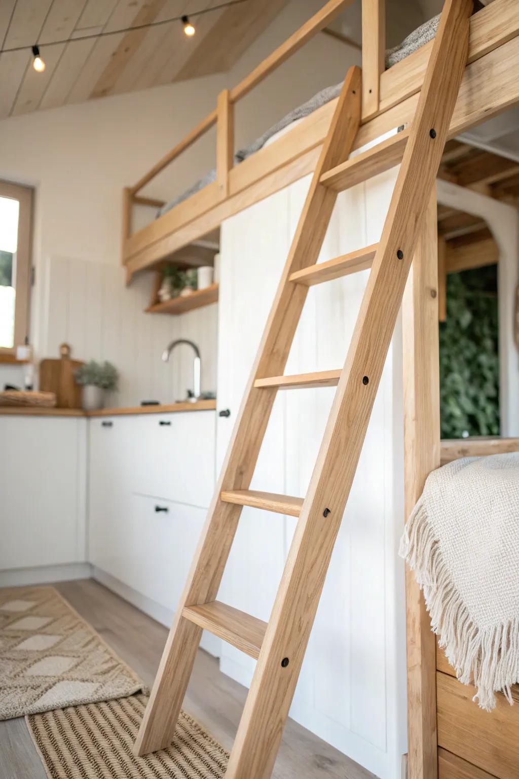A light oak ladder to a sleep loft above the kitchenette—airy, simple, and space-smart.