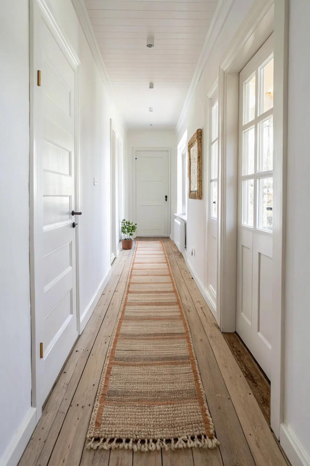 Center your hallway runner with 3–5 inches of floor showing for a tailored, airy look.
