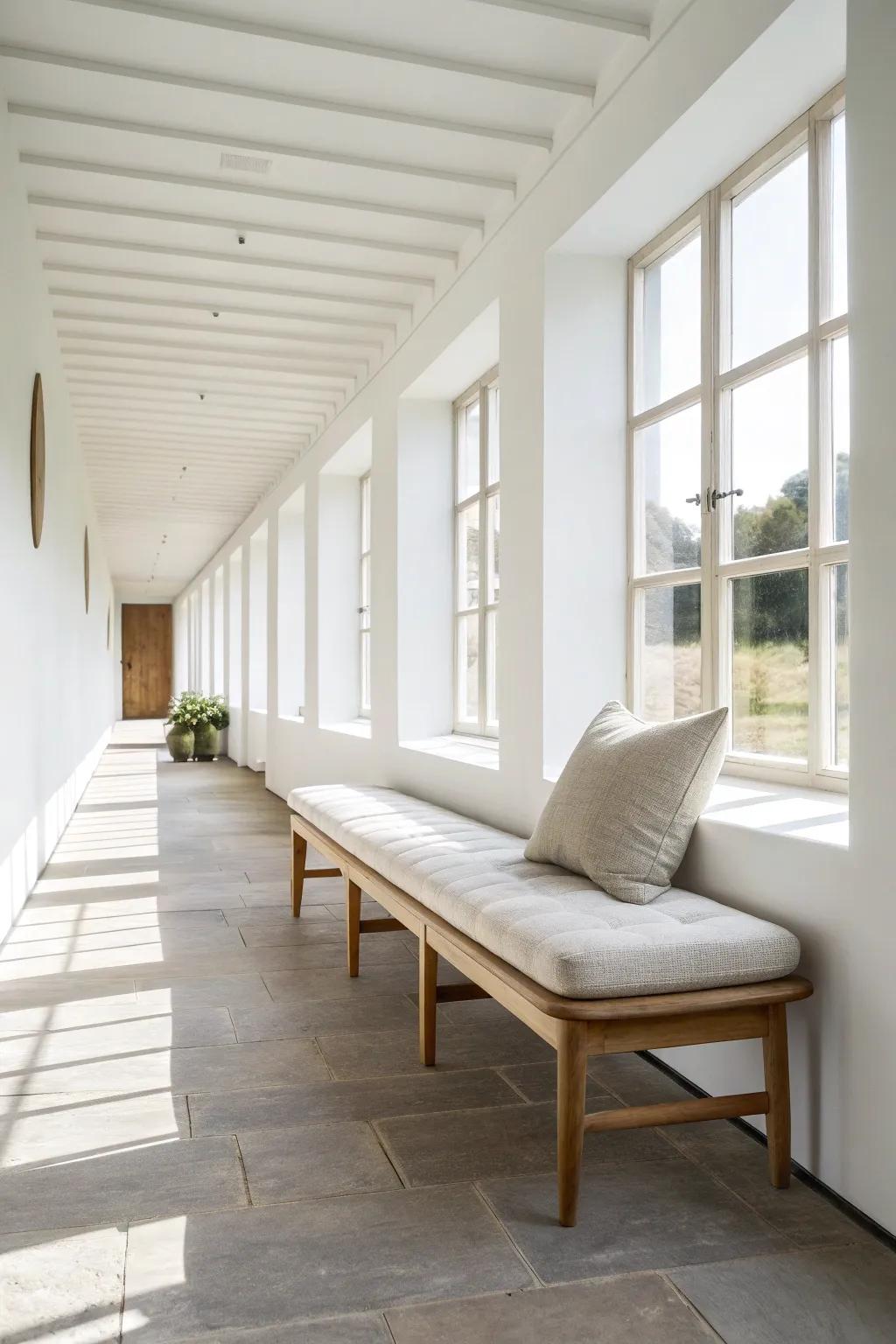 Line up seating along one wall to tame a narrow sunroom—and keep the opposite side airy.