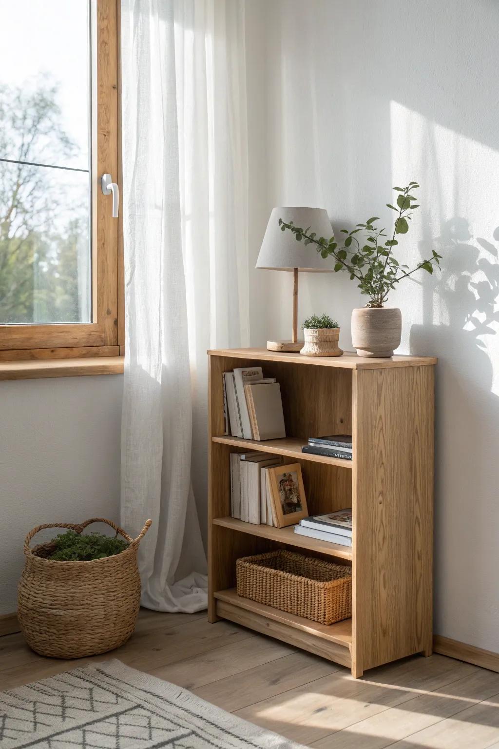 A low bookshelf under the window turns an awkward strip into bright, beautiful storage.