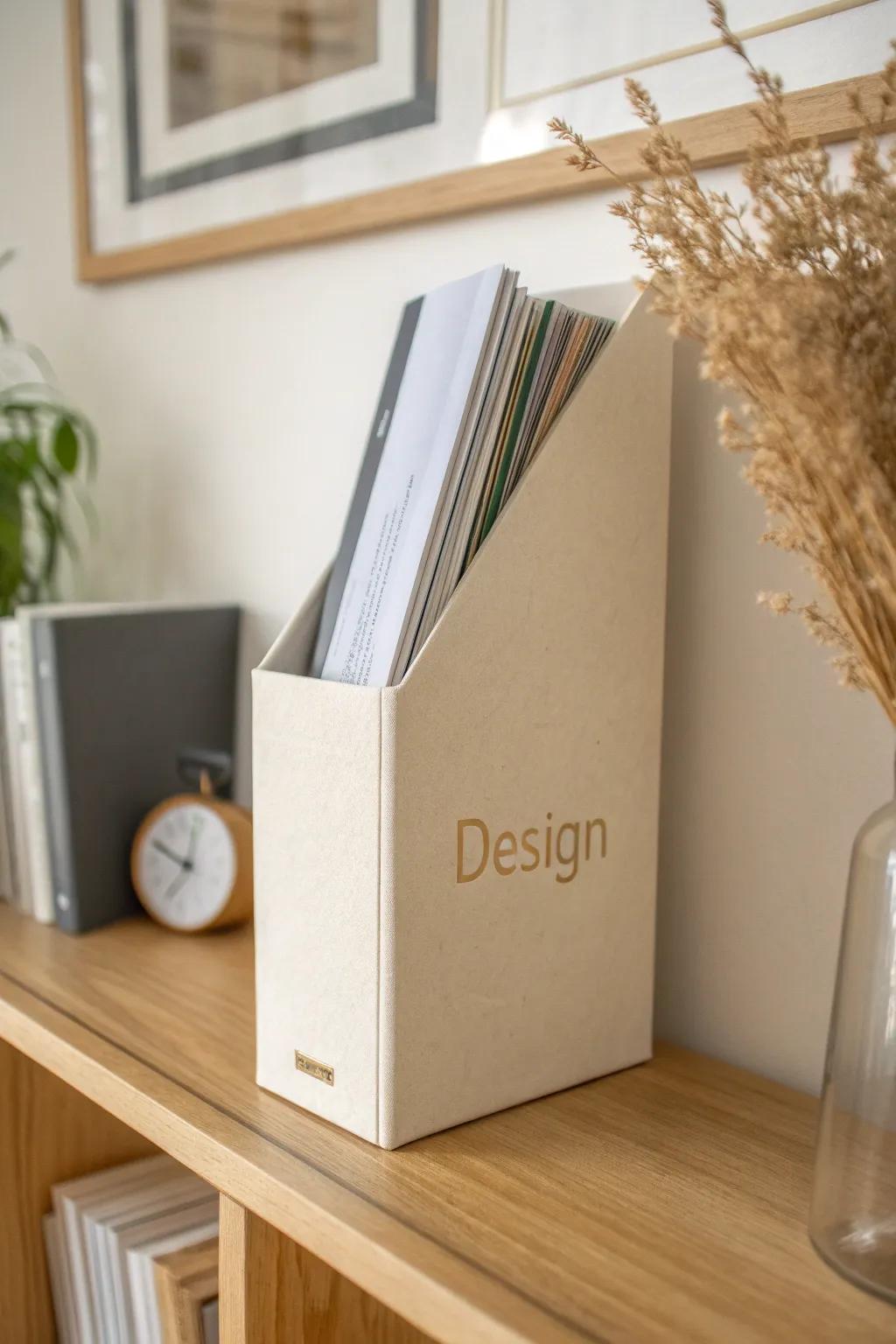 Classic magazine file with a labeled spine—keeps small-space shelves tidy and easy to browse.