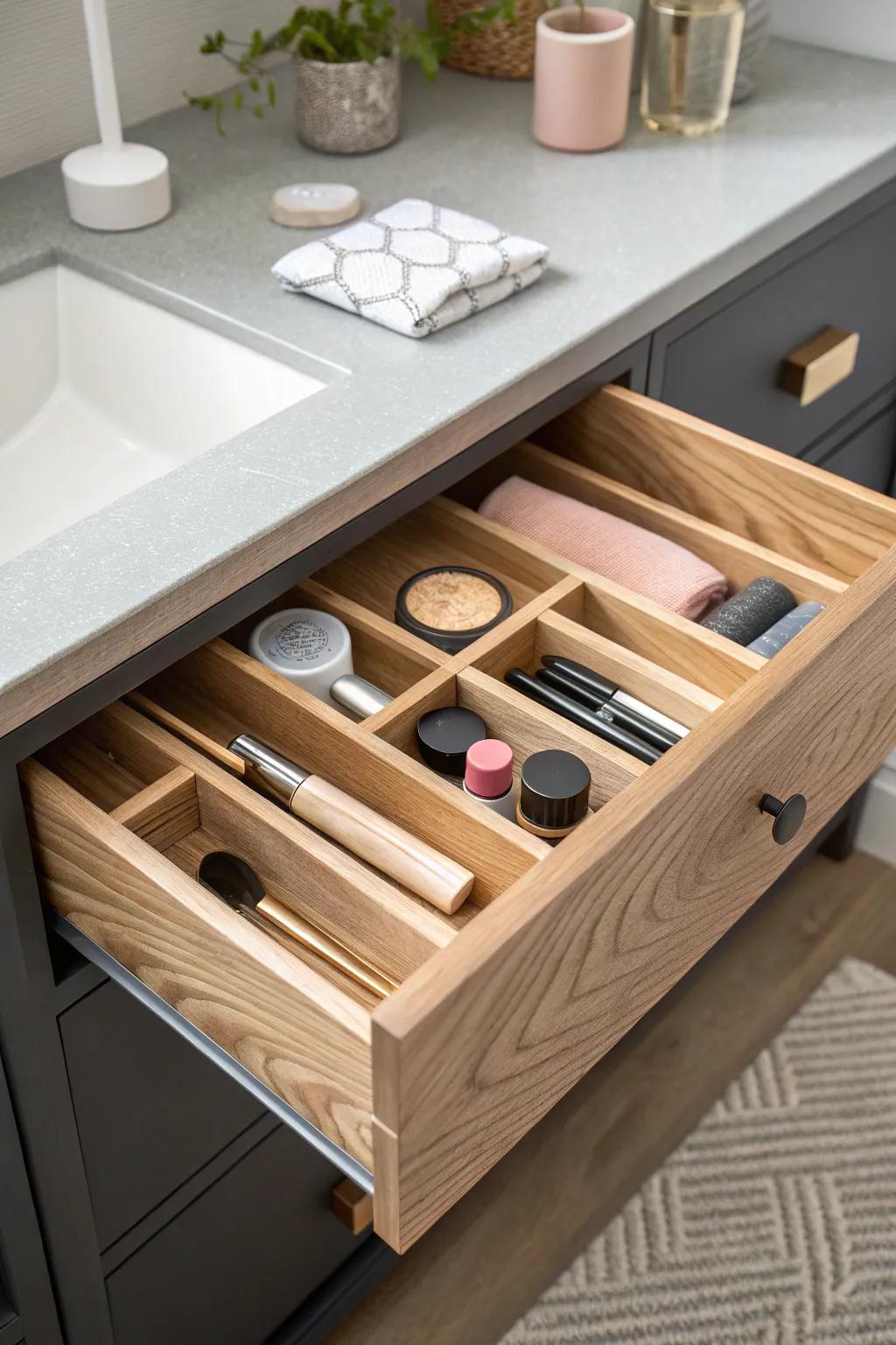 Drawer dividers keep face, eye, lip, and tools separated—perfect for small-space makeup storage.