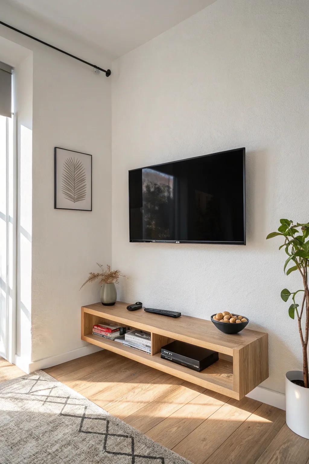 Wall-mount the screen + slim floating shelf for a clutter-free small-room man cave.