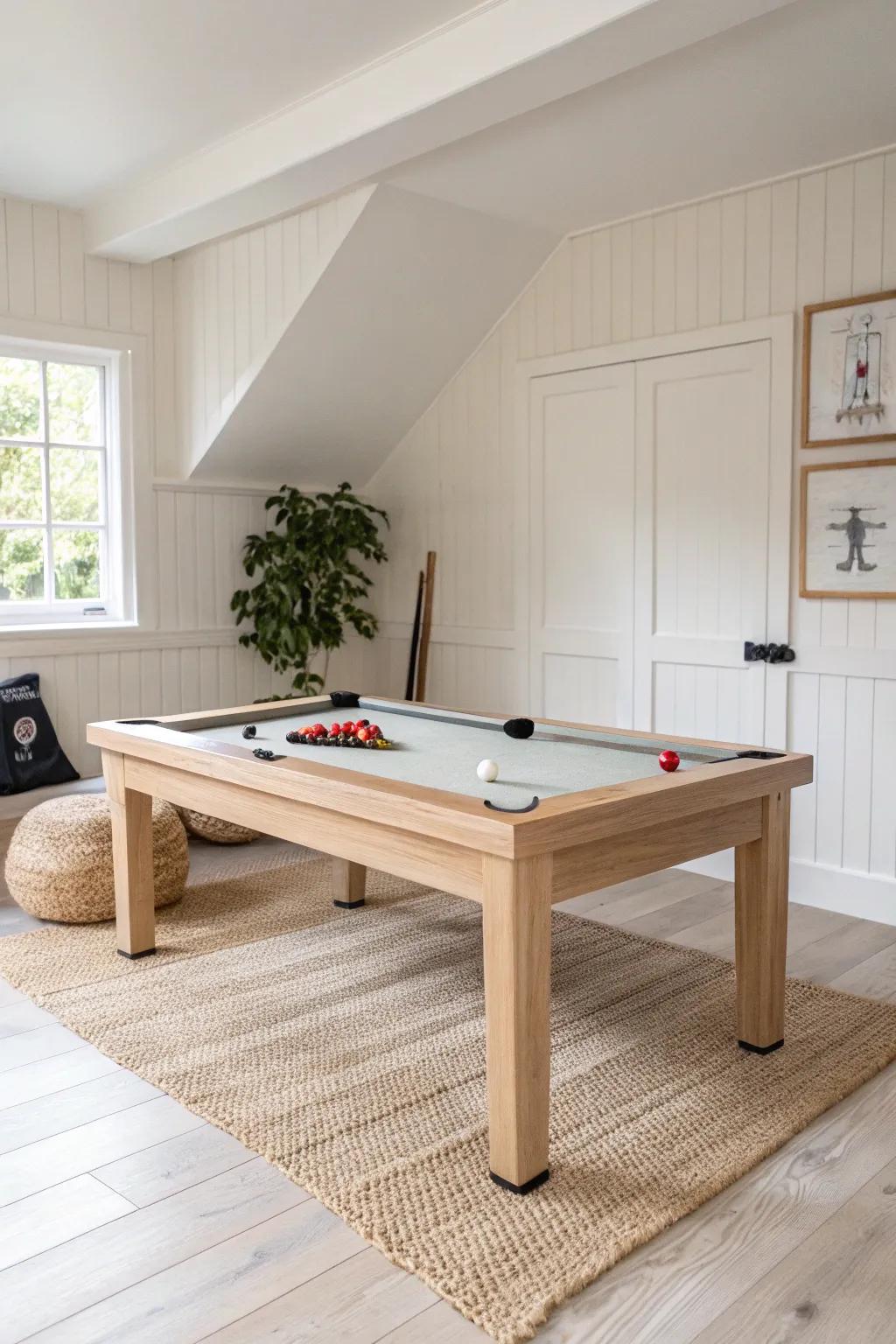 Small-room man cave win: a compact 7‑ft pool table with airy Scandinavian‑boho style.