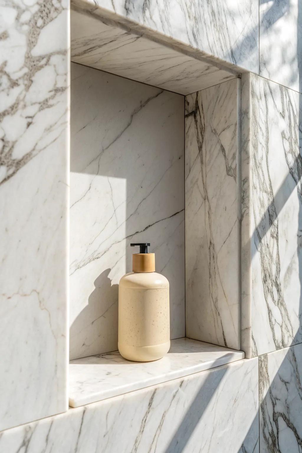A seamless marble slab niche where the veining flows straight through for a calm, luxe look.