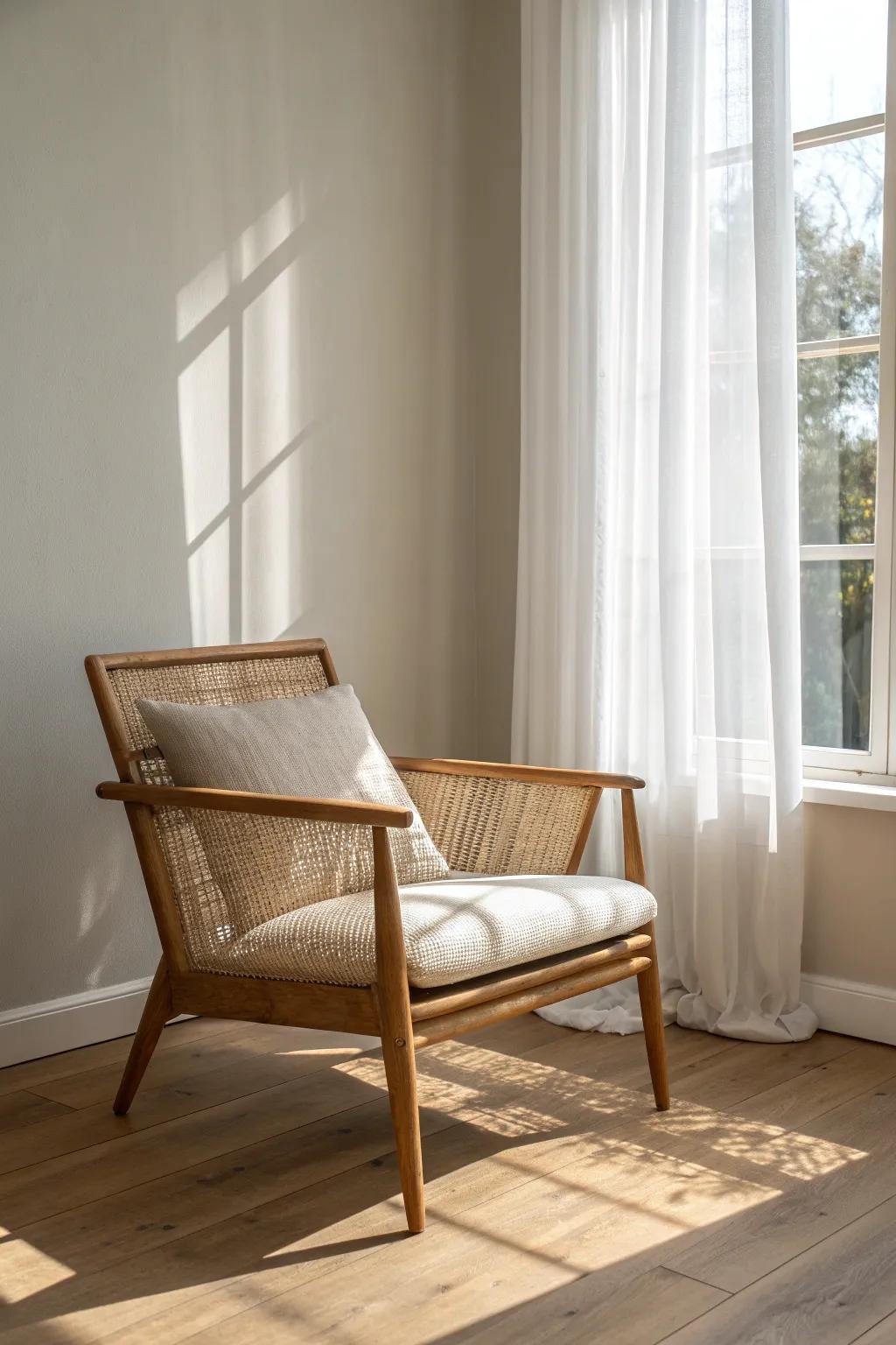 A timeless chair by the window—soft linen, warm wood, and the best natural light for reading.