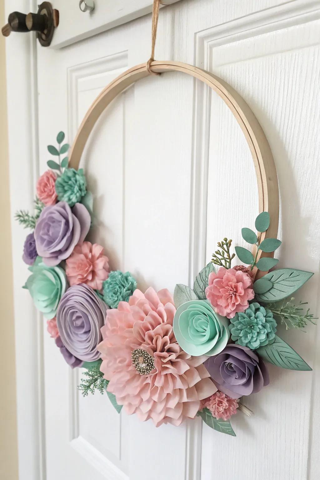 Bring a touch of spring into your home with this delightful floral paper wreath, blending minimalist elegance with boho charm.
