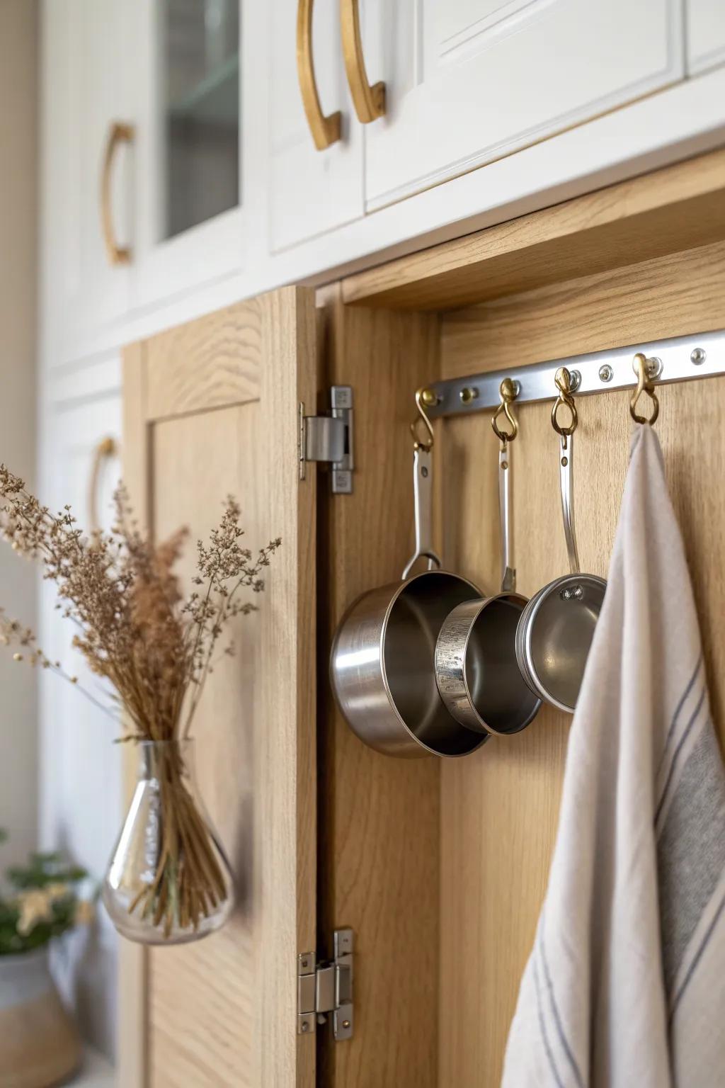 Inside-door hook row: measuring cups stay visible, tidy, and drawer-free in one elegant spot.