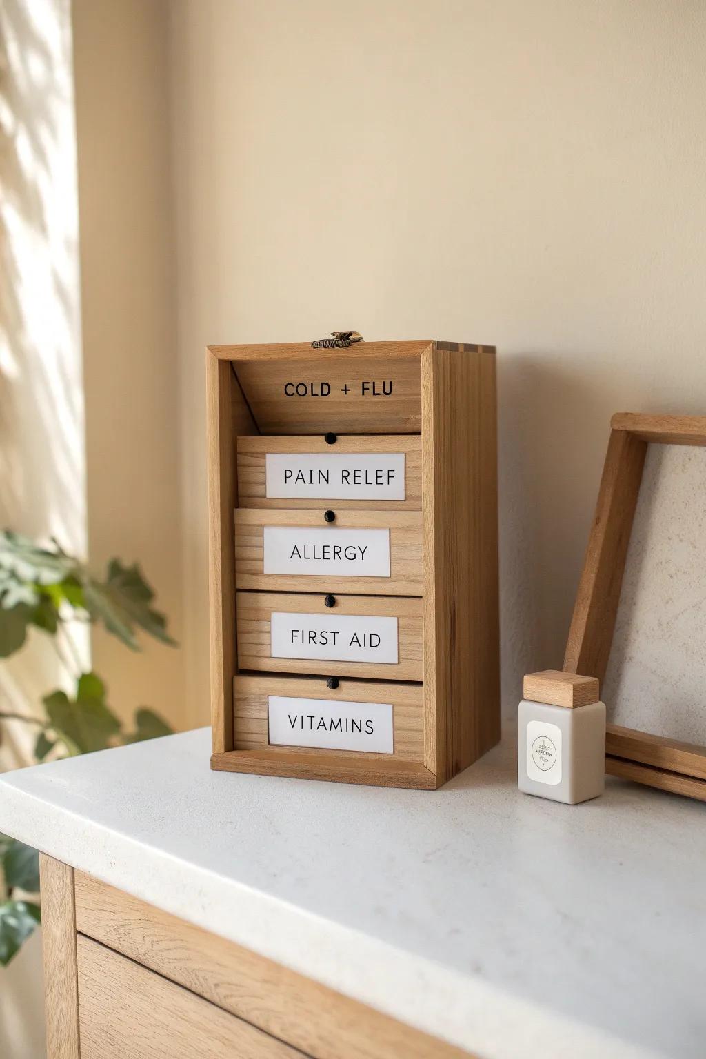 Simple categories in one calm box: cold + flu, pain relief, allergy, first aid, vitamins.