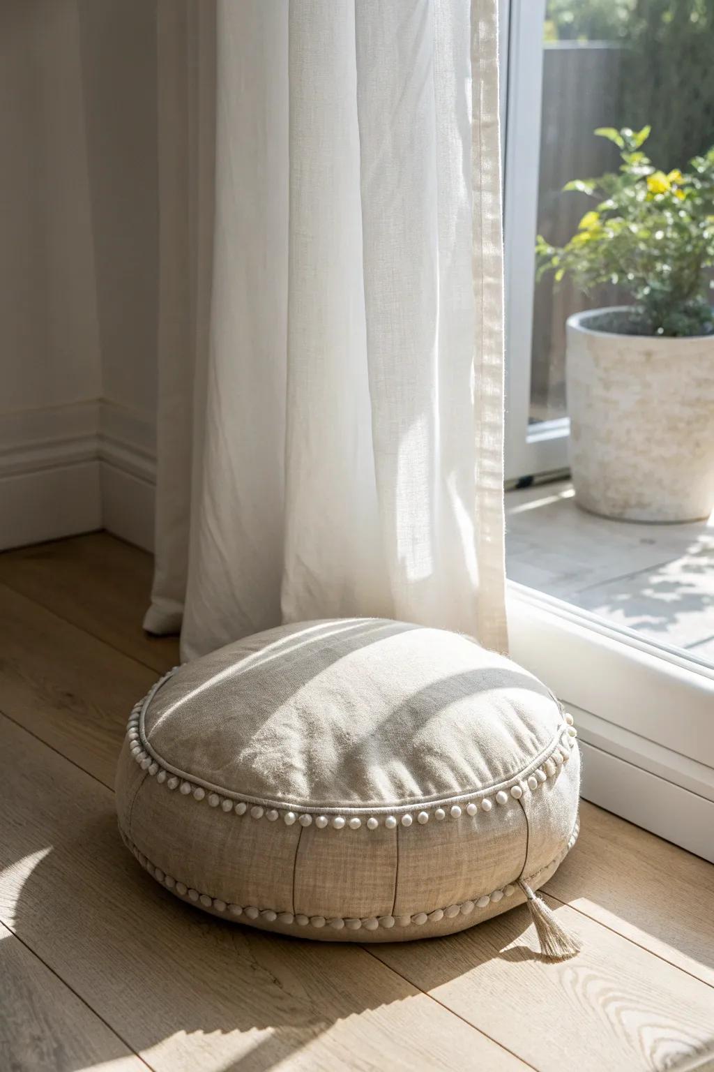 A window-lit floor cushion nook—soft curtain glow and calm, minimalist boho simplicity.