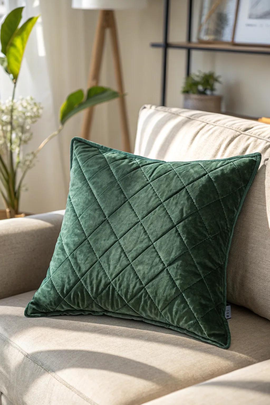 Neutral linen + one forest‑green accent pillow: the simplest way to make it feel intentional.