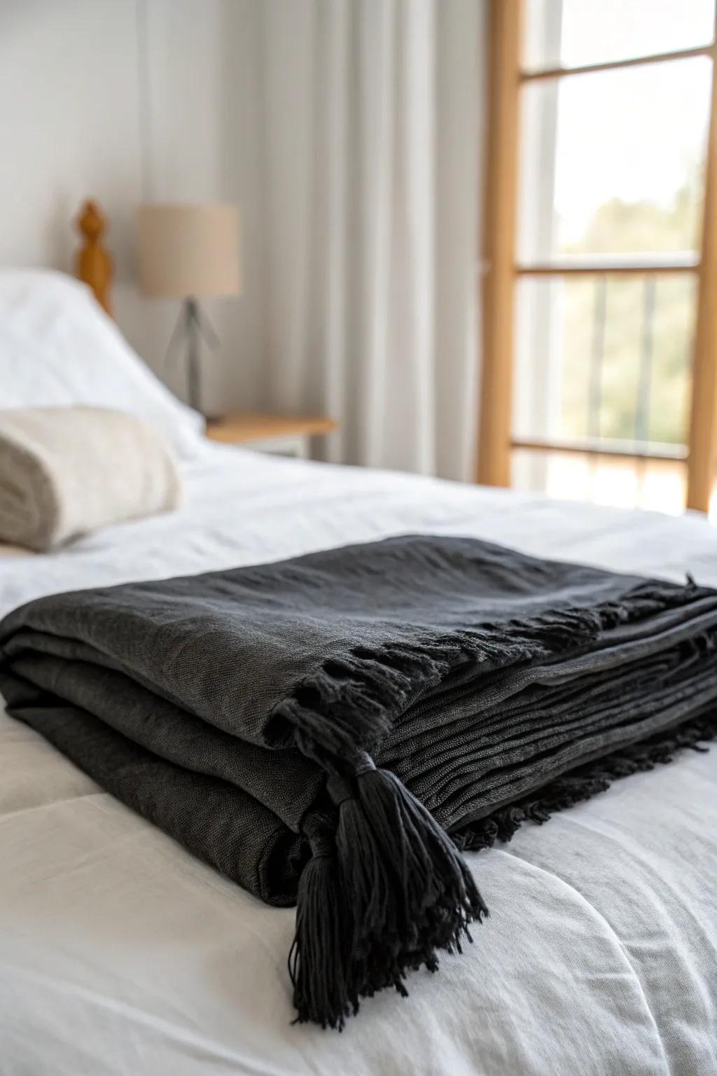 High-contrast monochrome: crisp white bedding finished with a black linen throw for small rooms.