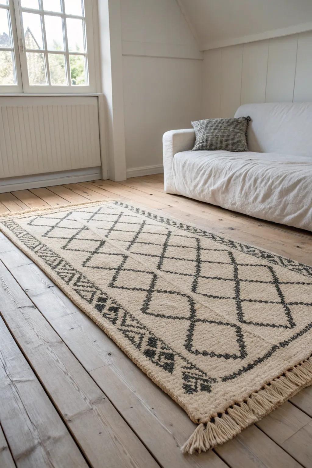 Anchor your hangout zone with one oversized rug—instant structure in a studio.