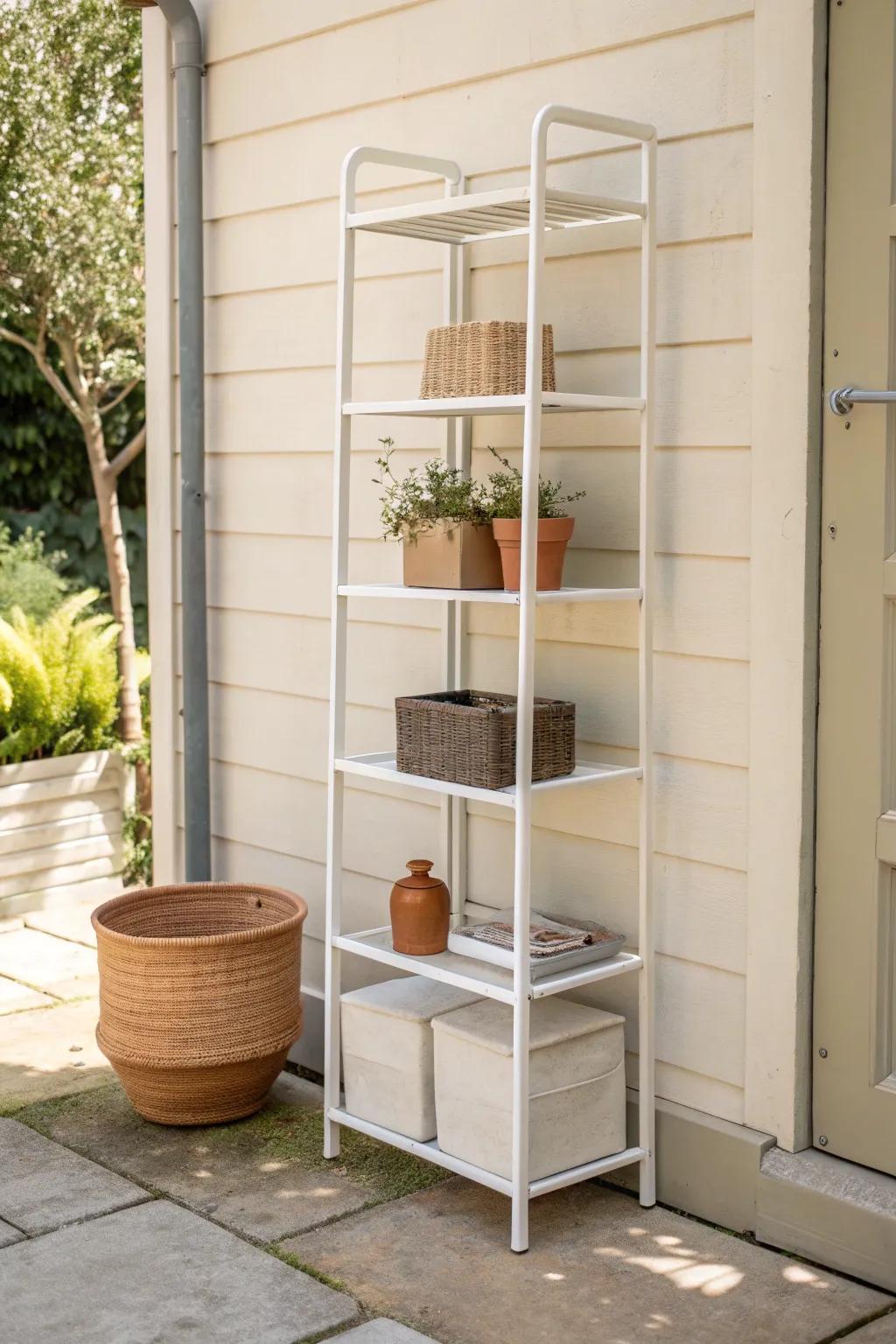Free-standing metal rack shelving—instant shed storage with an airflow gap for freshness.