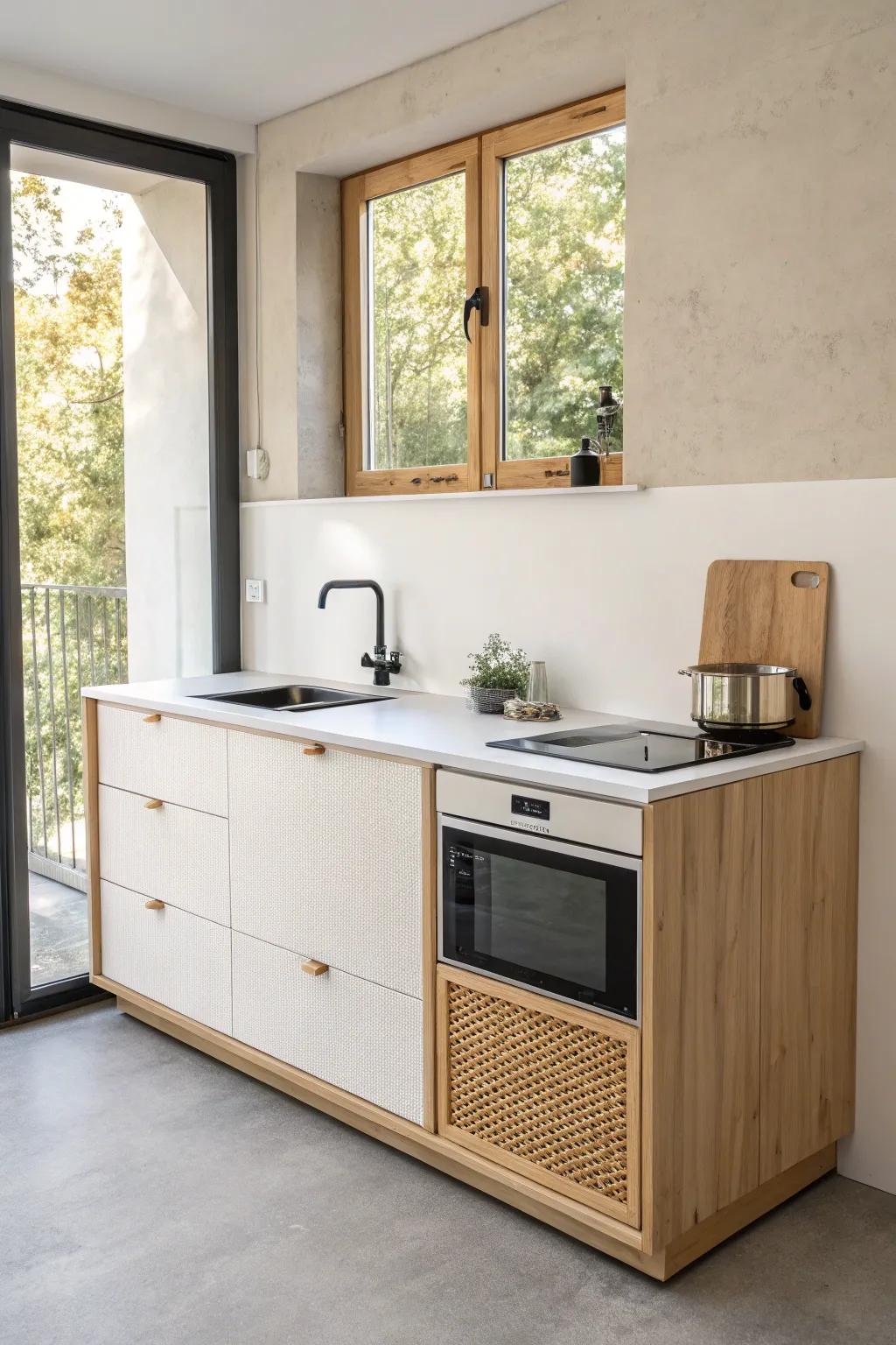 Single-wall micro kitchen: one streamlined unit keeps sink, prep, and cooktop within one step.