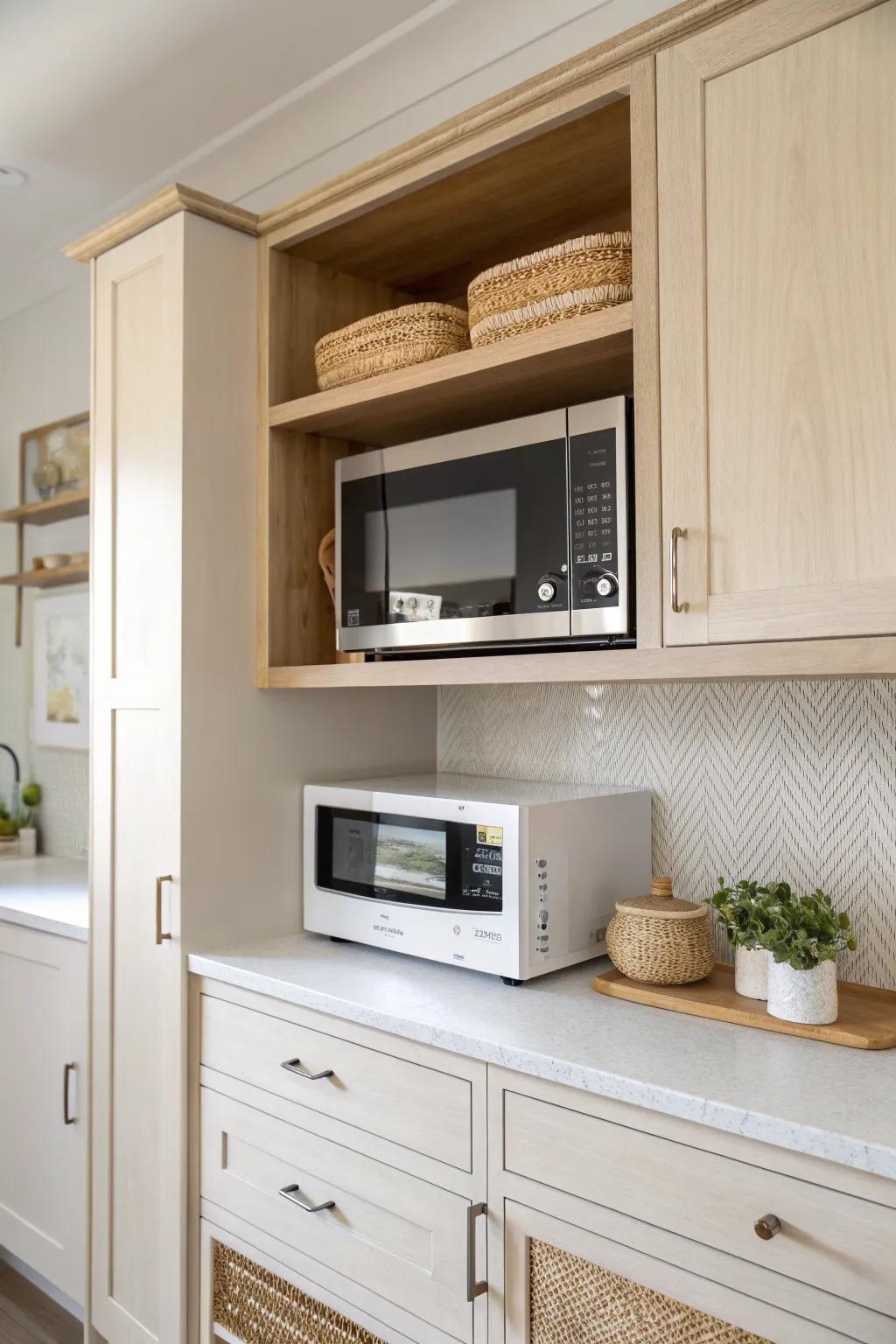 A dedicated upper cabinet cubby keeps the microwave tucked away and your prep space clear.