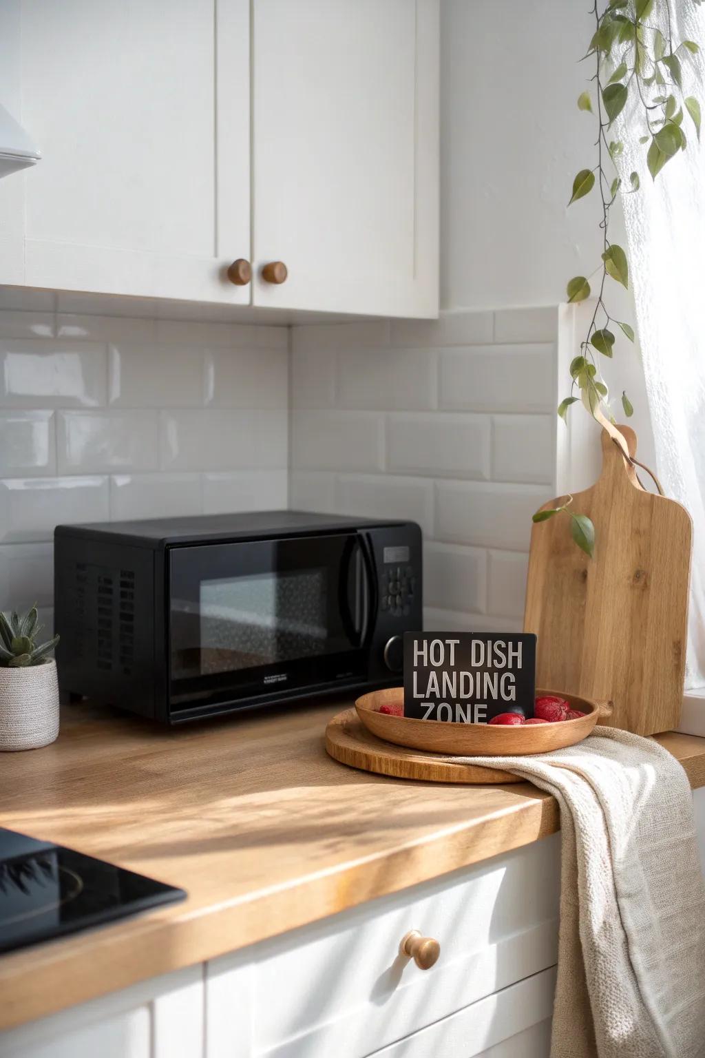 Corner microwave with a chic wooden landing tray—small-space prep kept clear and calm.