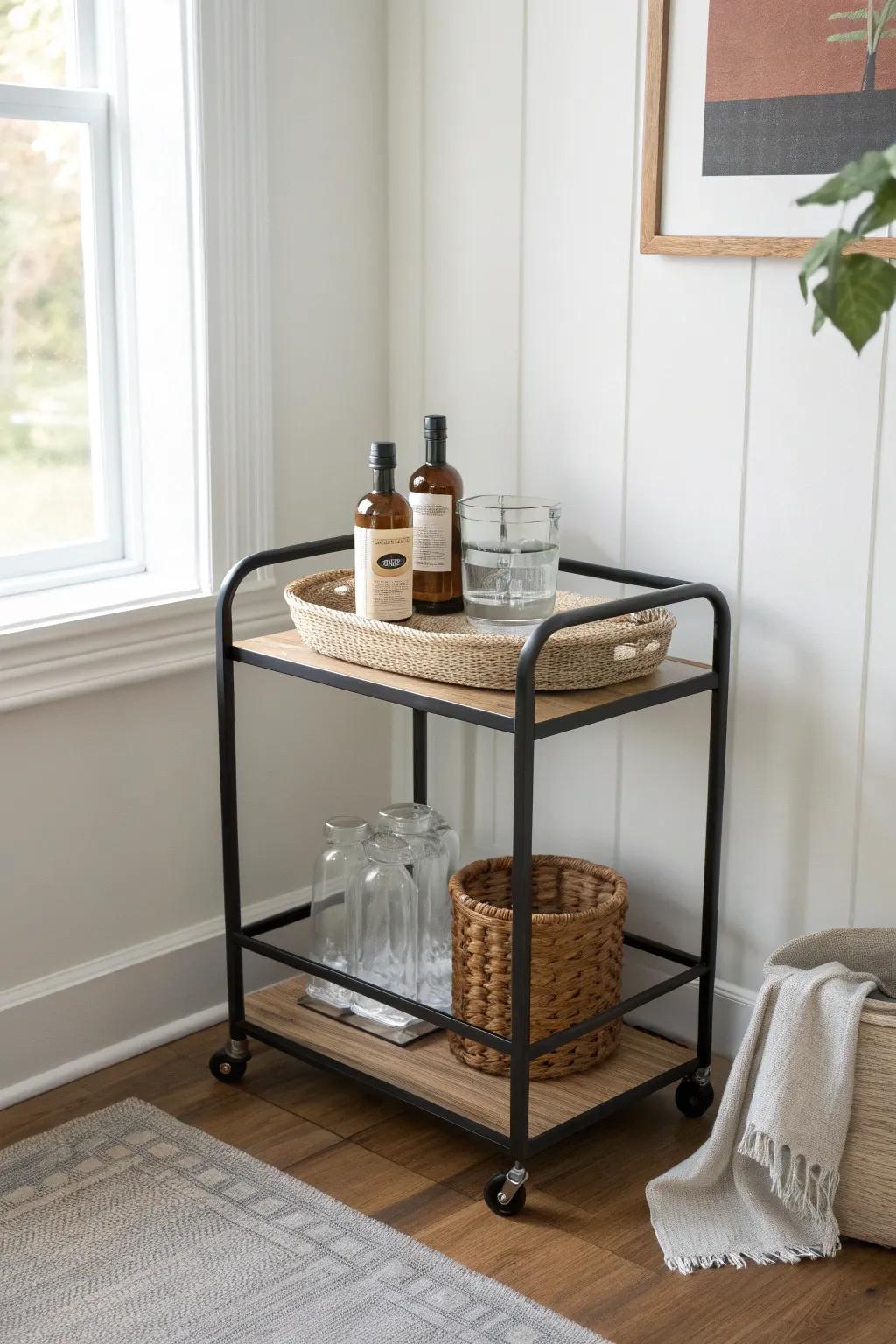 Classic slim bar cart mini bar: styled tray on top, glassware below—small-space chic.