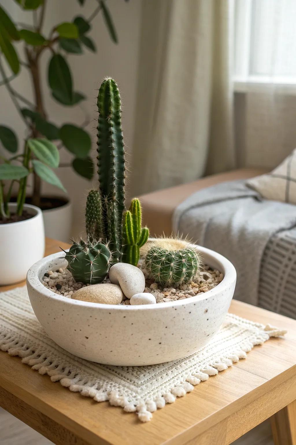 A shallow bowl cactus mix—one tall, two round—for a tiny desert centerpiece in small spaces.