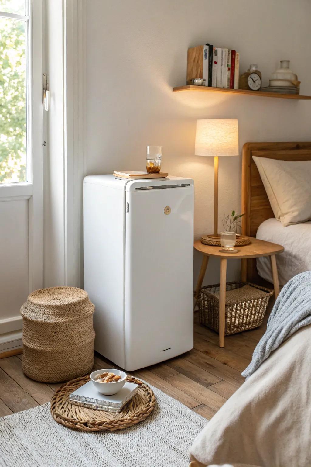 A mini fridge nightstand: lamp, books, and snacks—pretty, practical, and space-smart.
