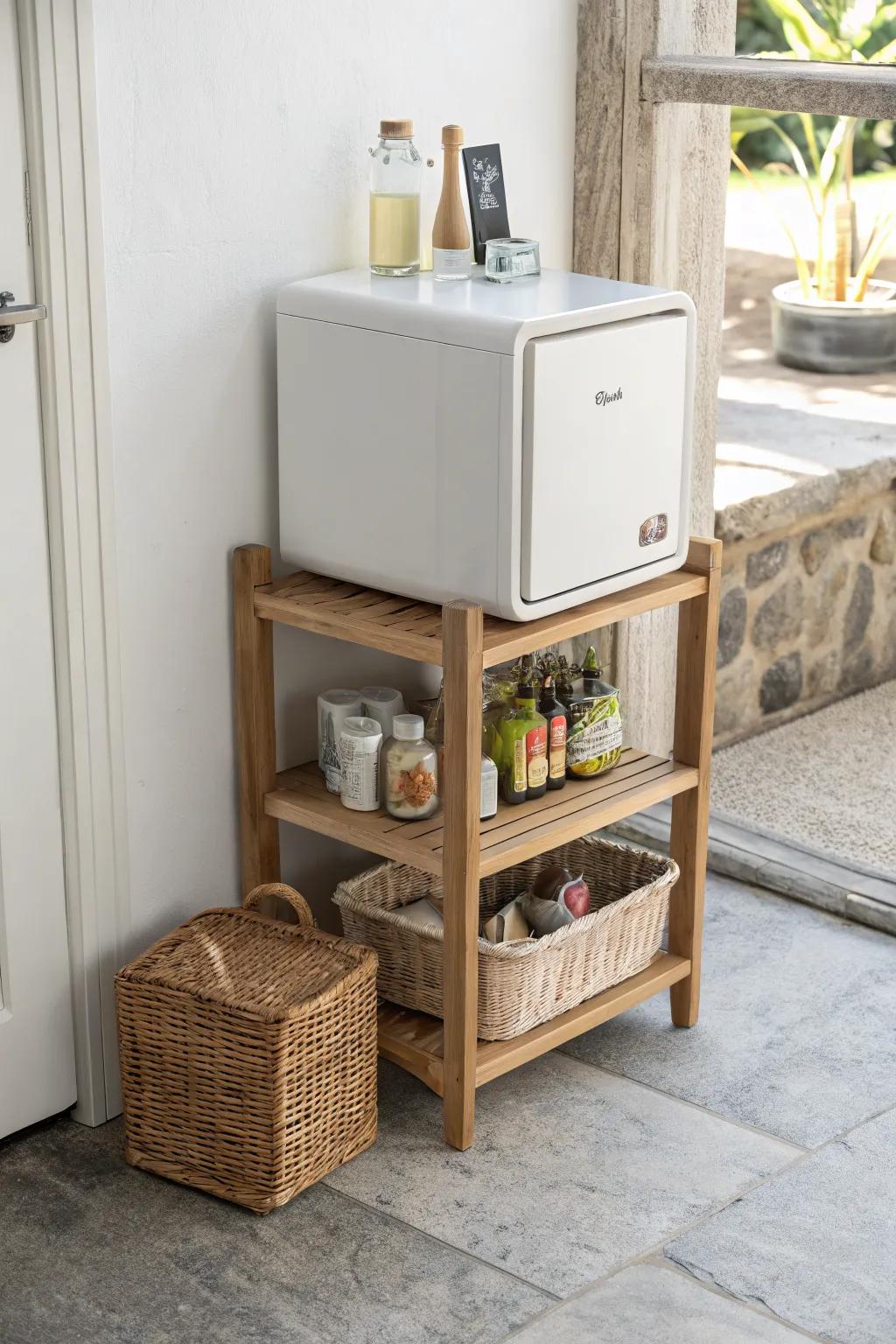 Simple two-shelf mini fridge stand: airy vertical storage with room for drinks and snacks.