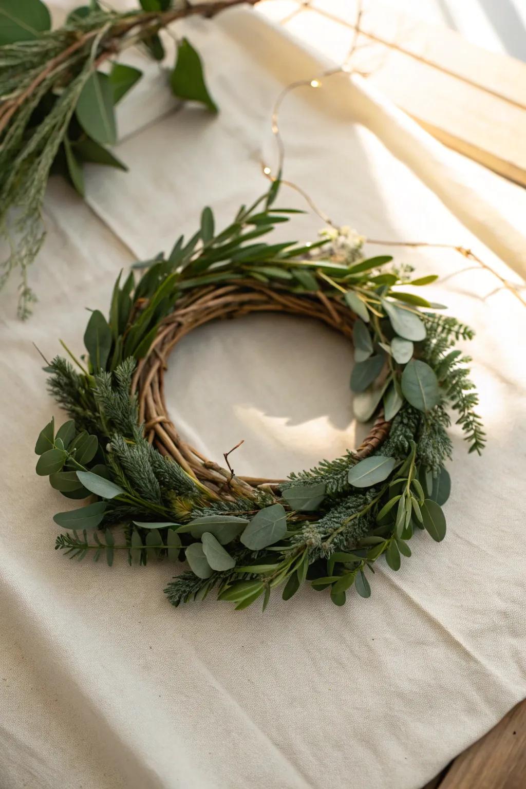 Classic mini greenery wreath—fresh eucalyptus and pine for an instant, clutter-free shelf upgrade.