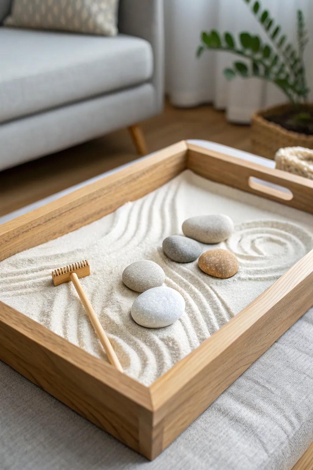 A classic sand tray zen garden—simple, calming, and always styled for small-space shelves.