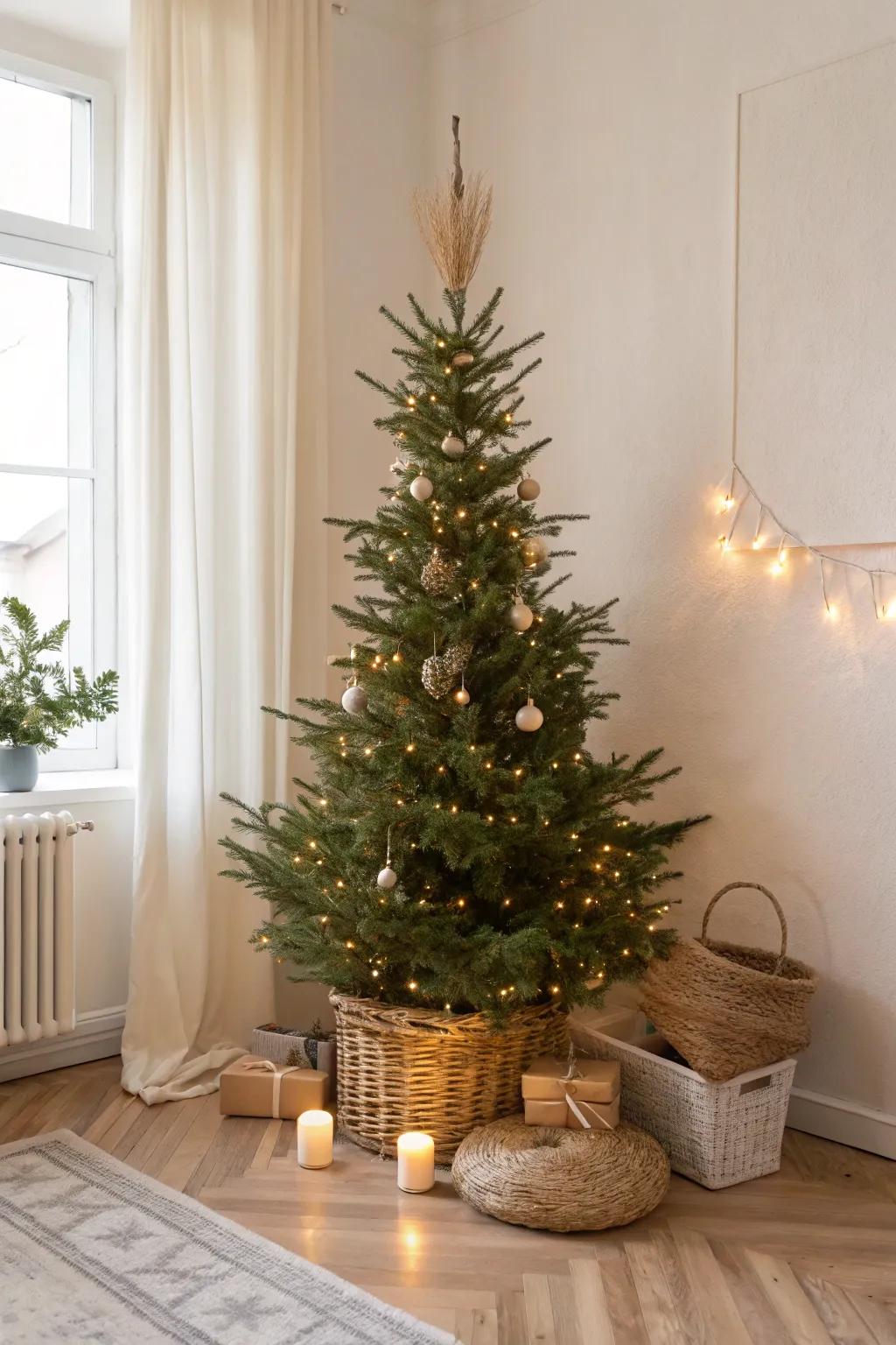 A slim minimalist tree tucked into the corner—classic Christmas glow for small spaces.